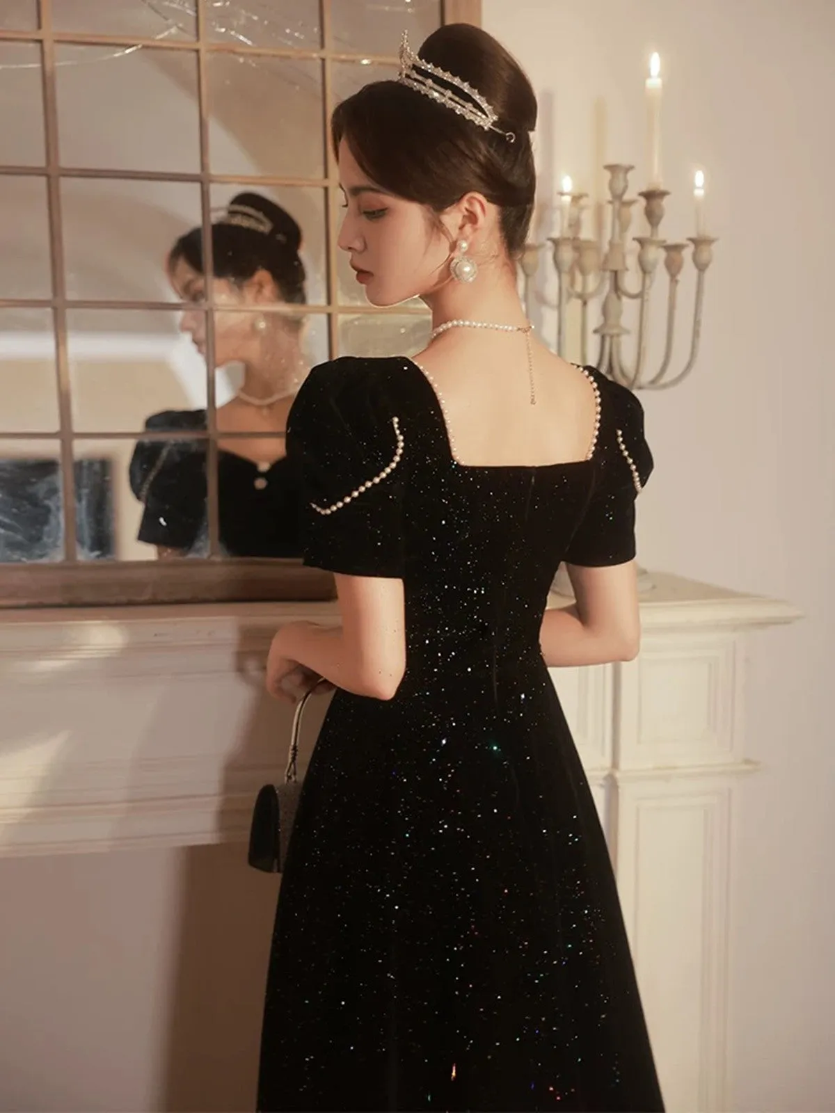 A-line Black Velvet Long Simple Floor Length Prom Dress, Black Velvet Party Dress