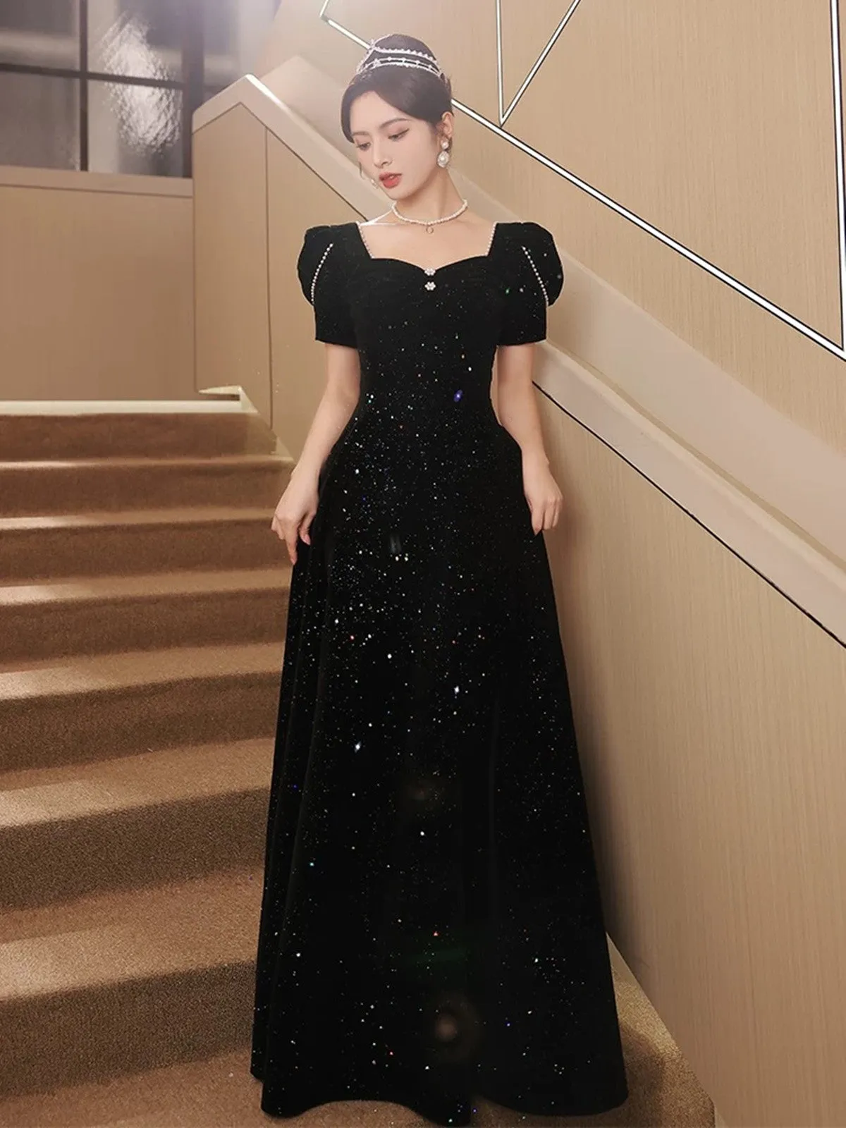 A-line Black Velvet Long Simple Floor Length Prom Dress, Black Velvet Party Dress