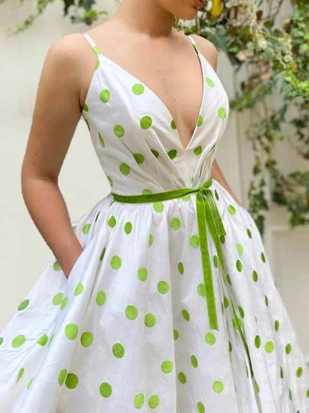 A Line V Neck Green Dot White Long Prom, Green Dot Long Formal Evening