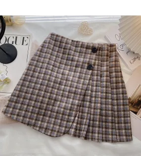 Aging Hong Kong style retro contrast checkered high waist A-line skirt  5475