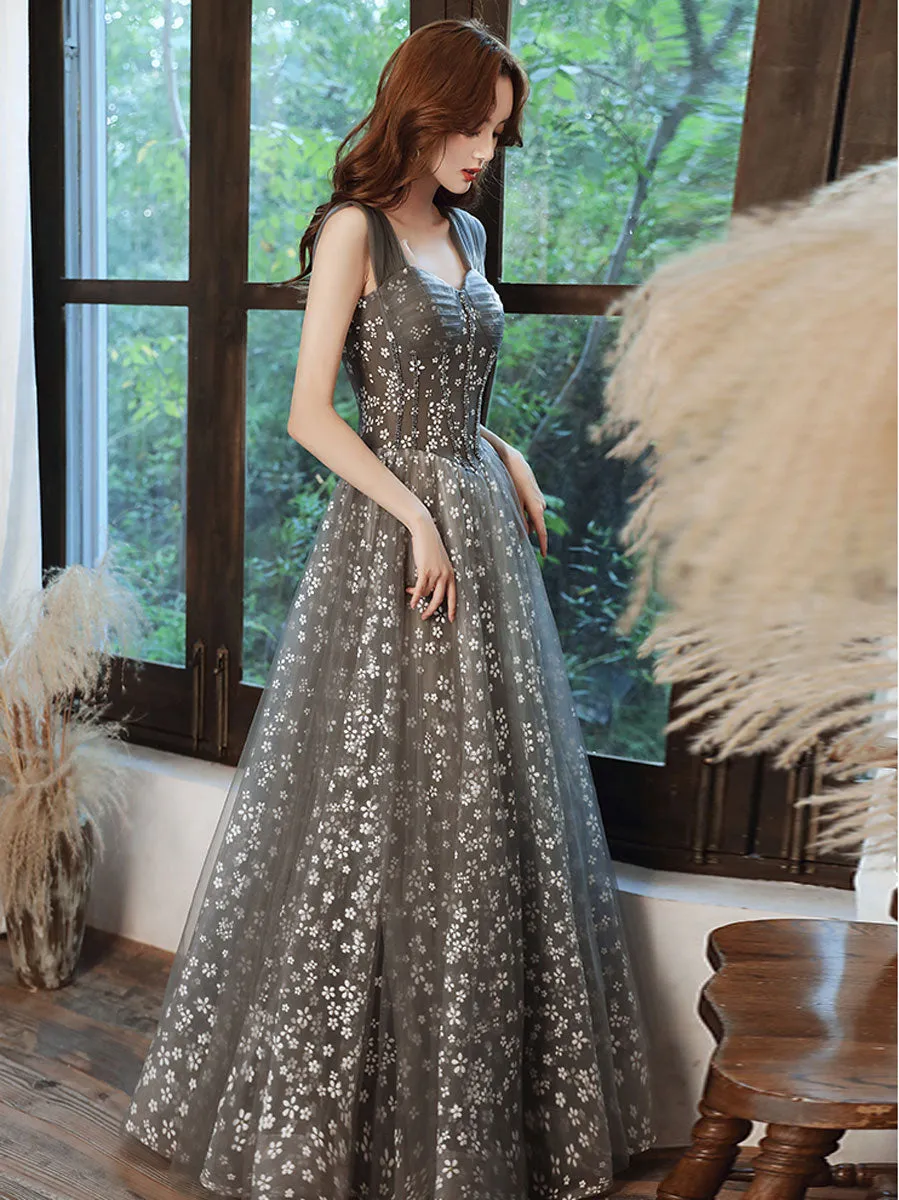 Aline Sweetheart Neck Tulle Gray Long Prom Dresses, Gray Graduation Dresses With Beading