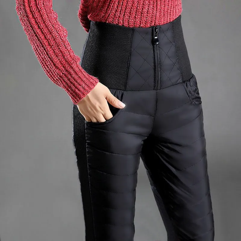 Ashore Shop Women's Winter Cotton Pants High Waist Thickened Windproof Warm Down Casual Pants New Slim Pencil Pants   Pants