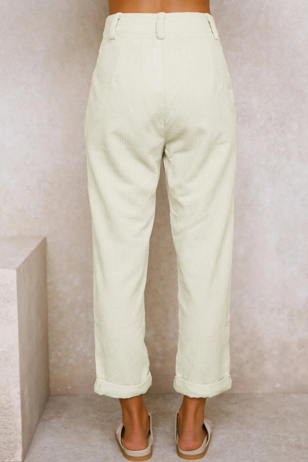 Beige Corduroy High Waist Straight Leg Pants