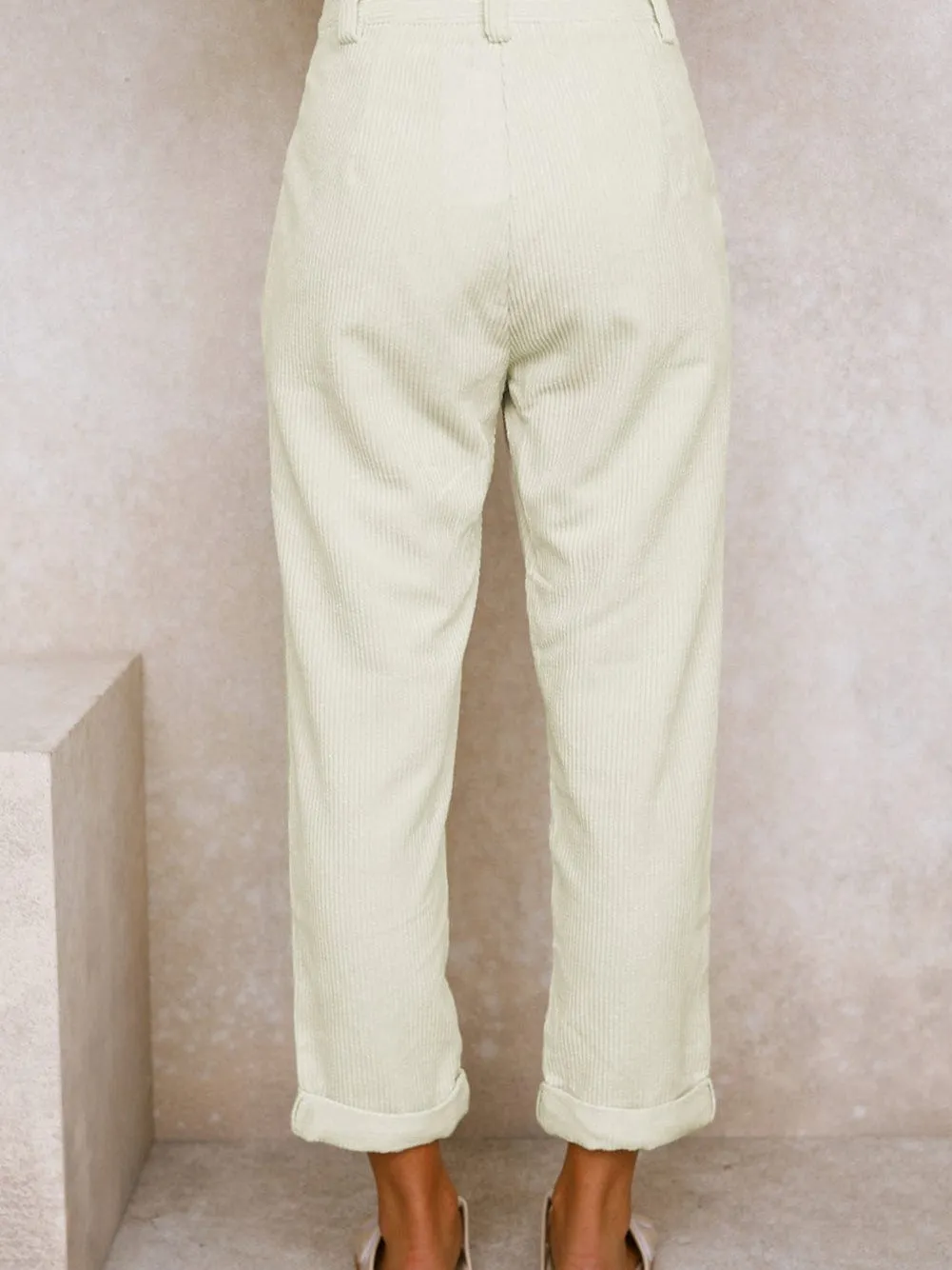 Beige Corduroy High Waist Trousers for Winter Casual Wear