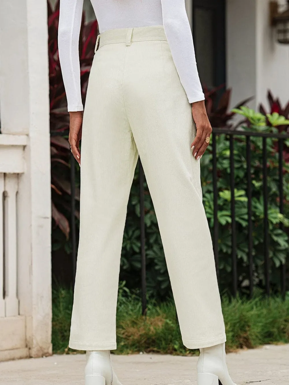 Beige Corduroy High Waist Trousers for Winter Casual Wear