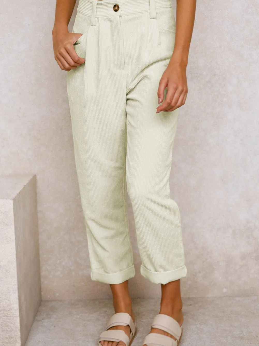 Beige Corduroy High Waist Trousers for Winter Casual Wear