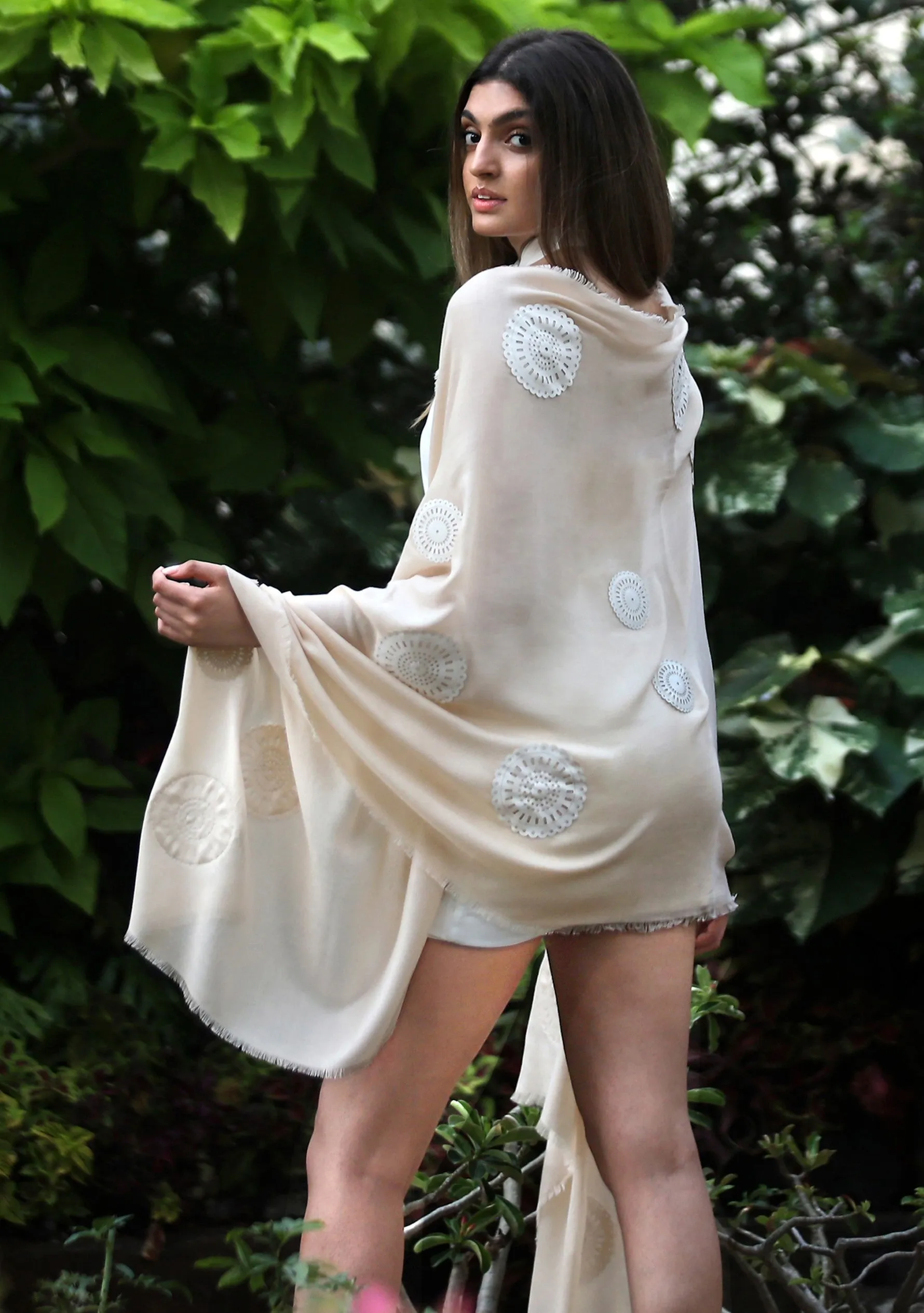 Beige Modal Scarf with Lasercut White Faux Leather Circle Appliques