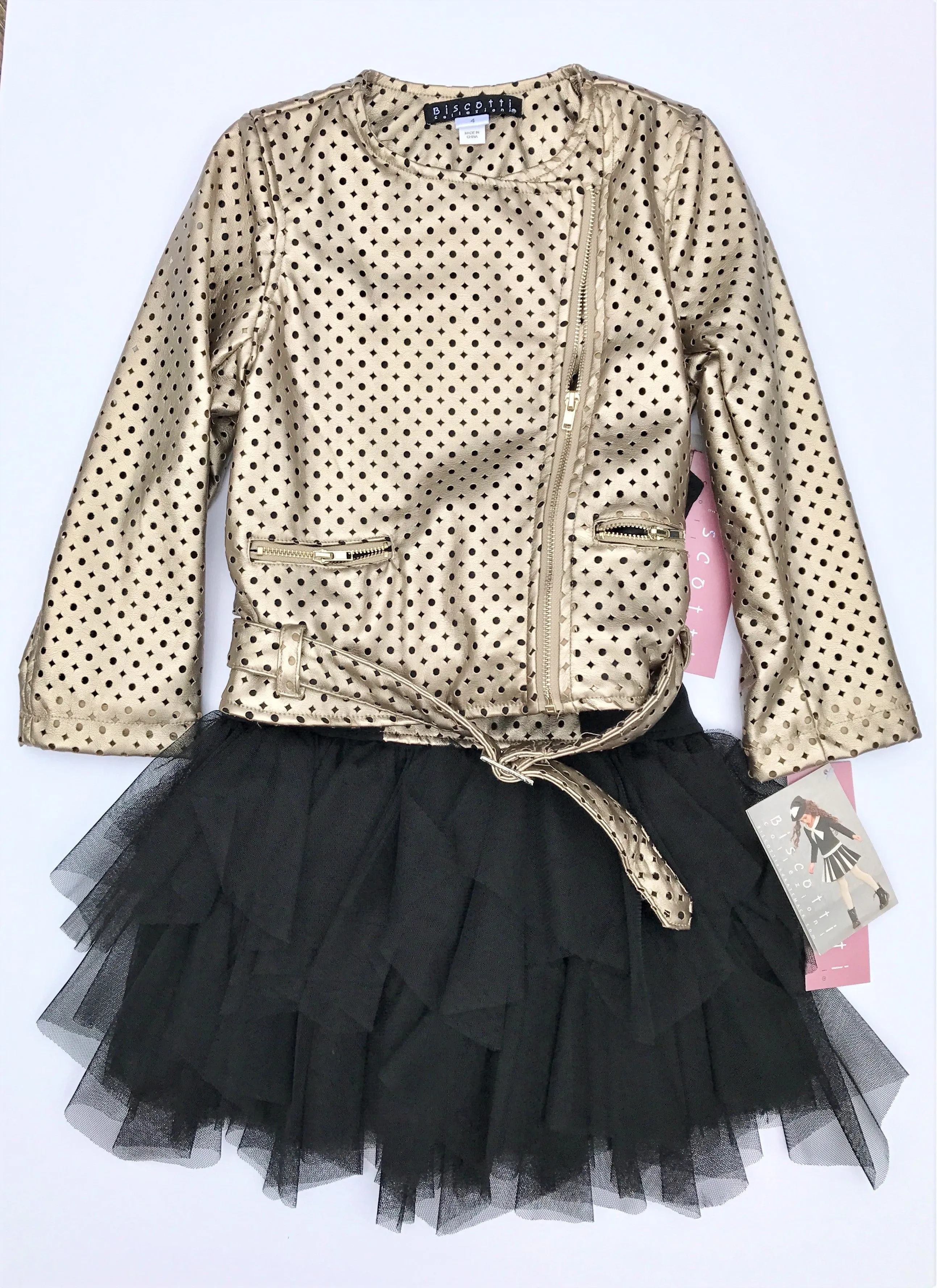 Biscotti Black/Metalic Gold Faux Leather  and Knit Tutu Dress