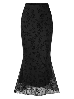 Black 1930s Floral Mesh Mermaid Skirt