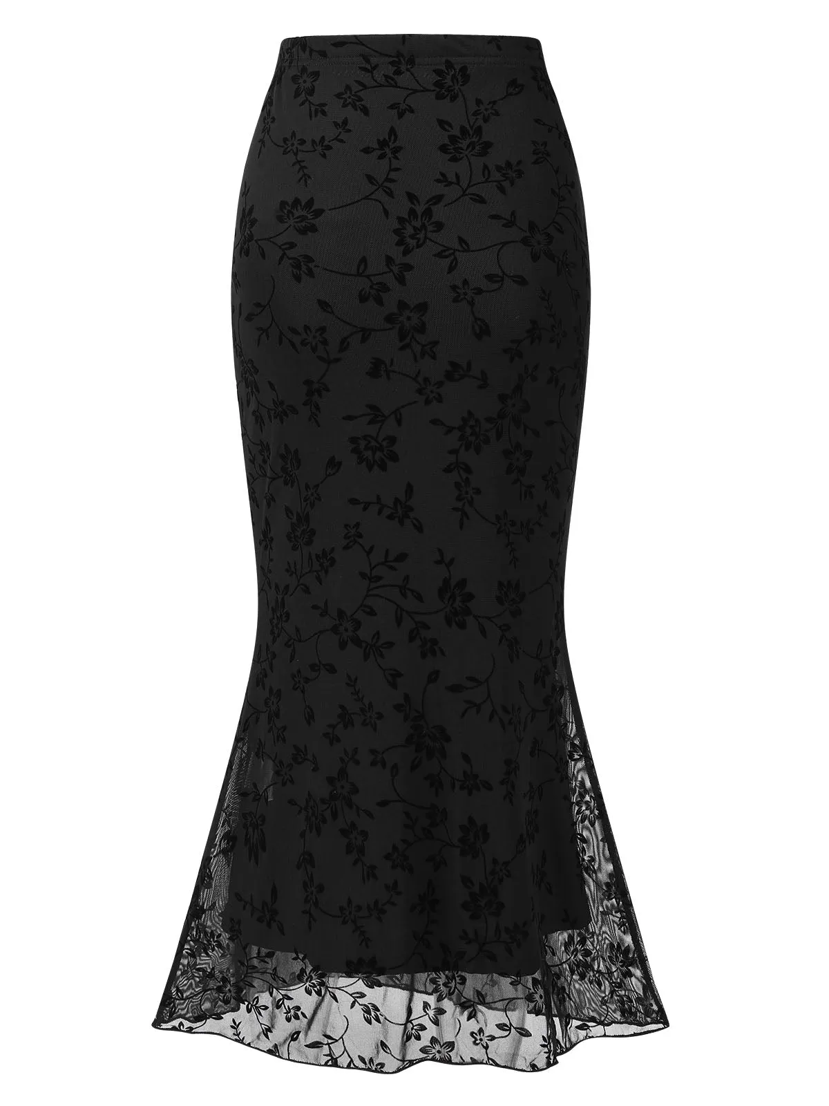 Black 1930s Floral Mesh Mermaid Skirt