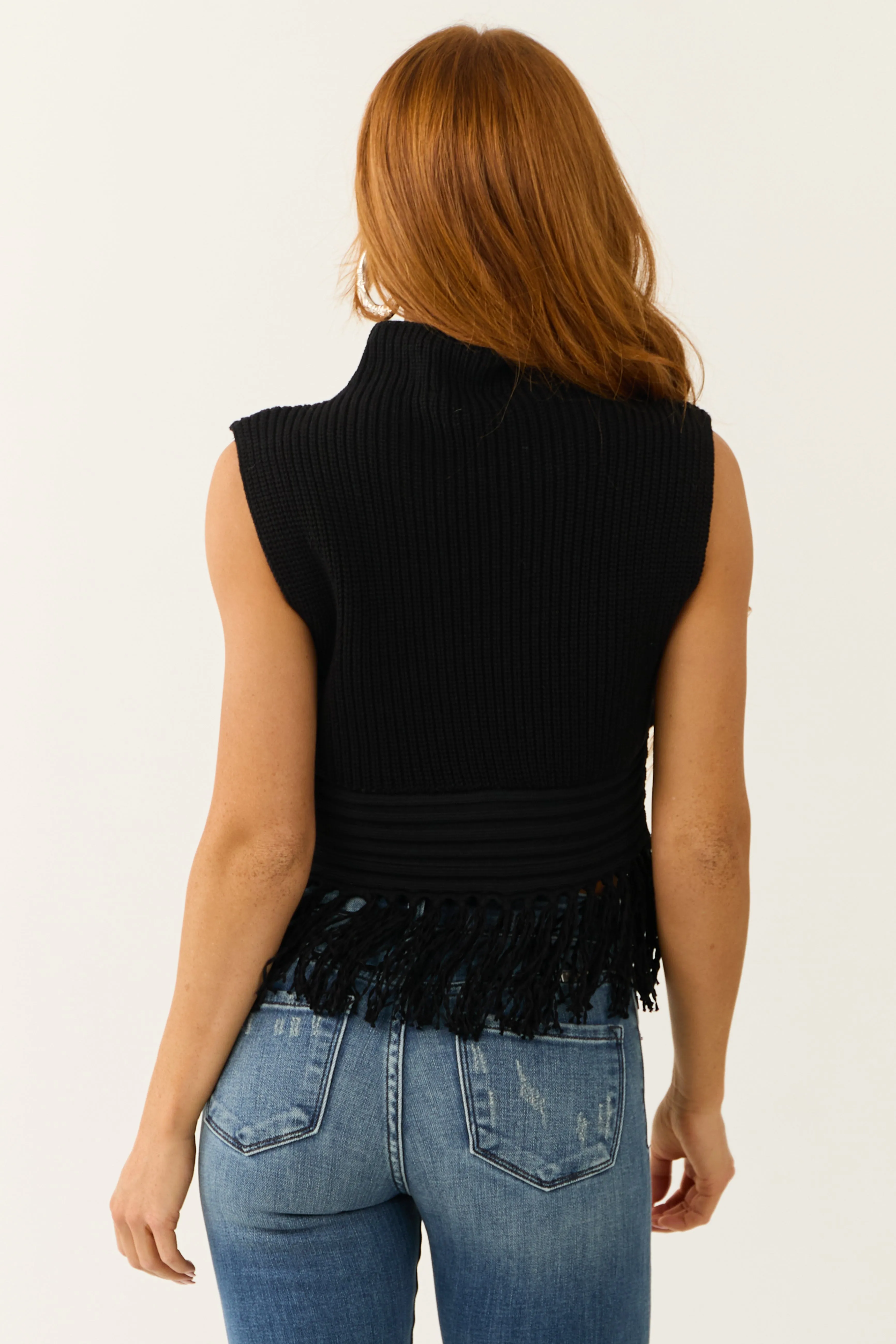 Black Chunky Knit Tassel Hem Sleeveless Top