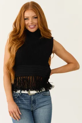 Black Chunky Knit Tassel Hem Sleeveless Top