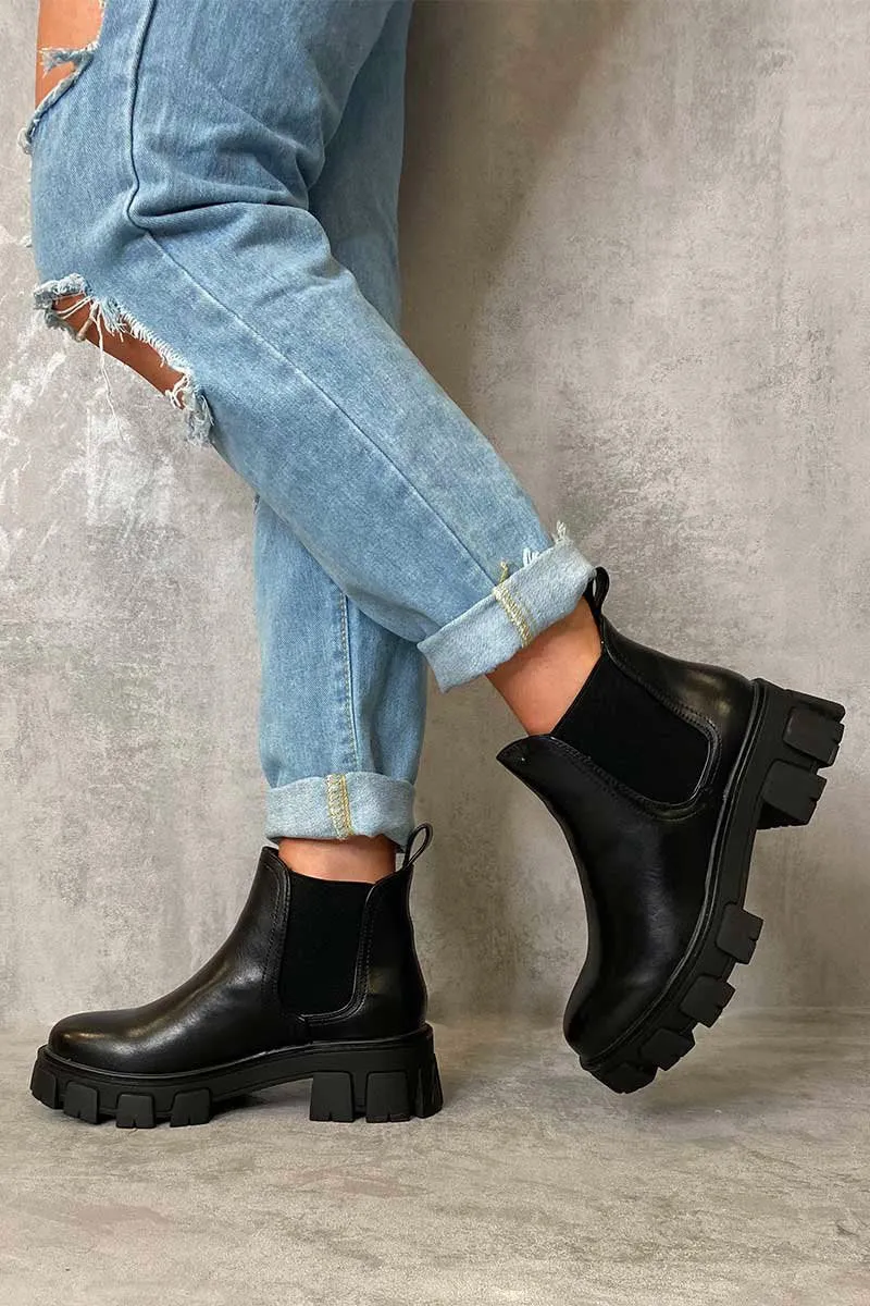 Black Faux Leather Chunky Sole Chelsea Boot - Zamirah