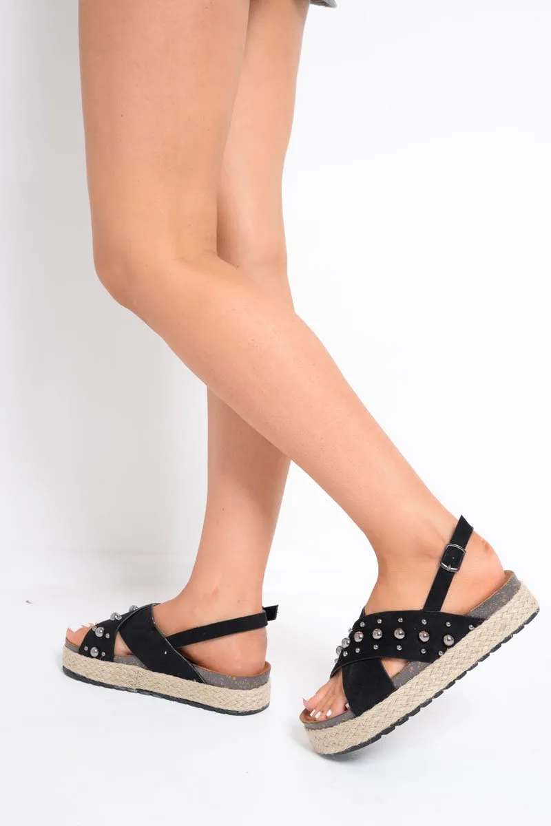 Black Faux Suede Studded Cross Over Sandal - Nesha