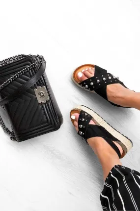 Black Faux Suede Studded Cross Over Sandal - Nesha