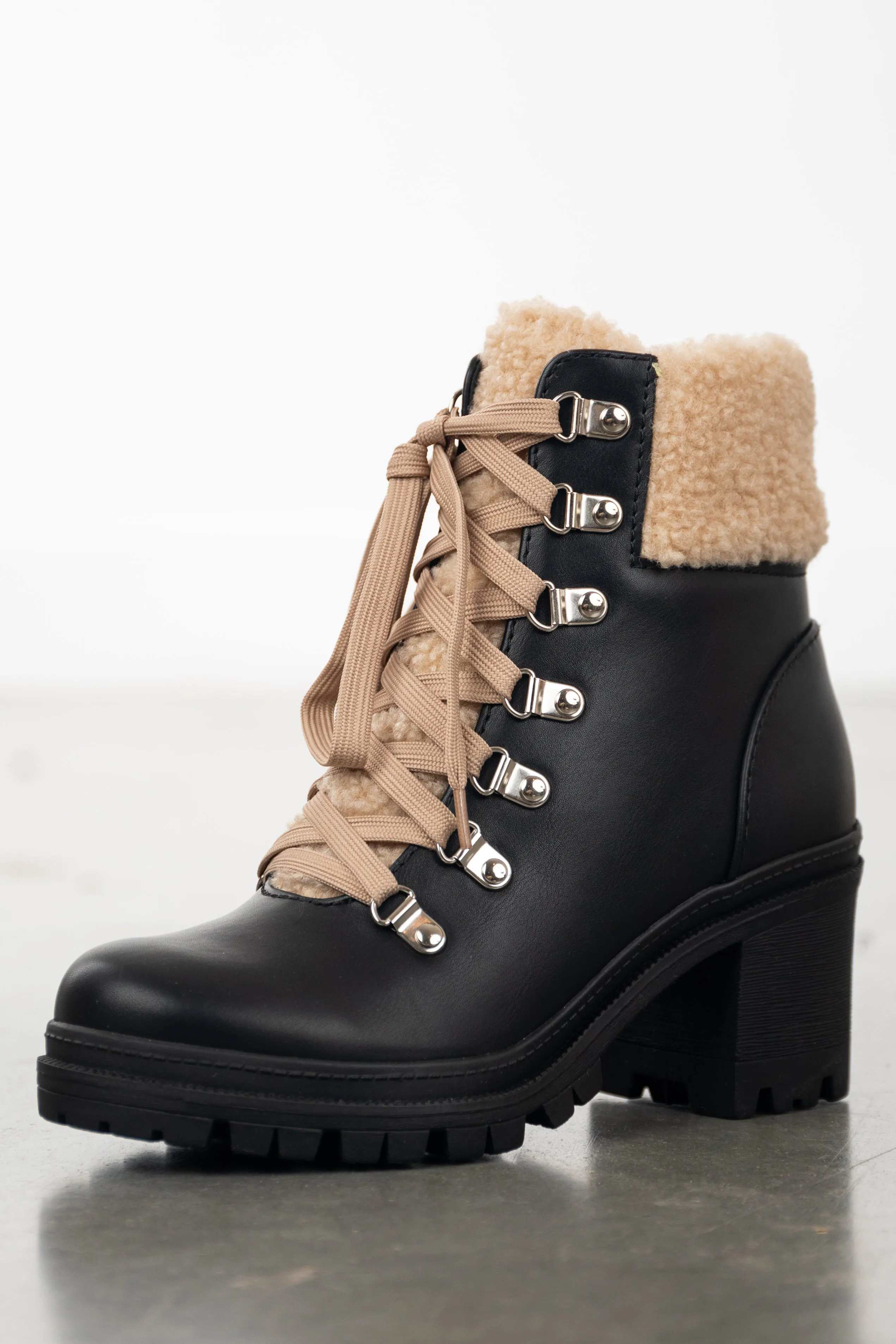 Black Lace Up Lug Boots with Faux Fur Detail