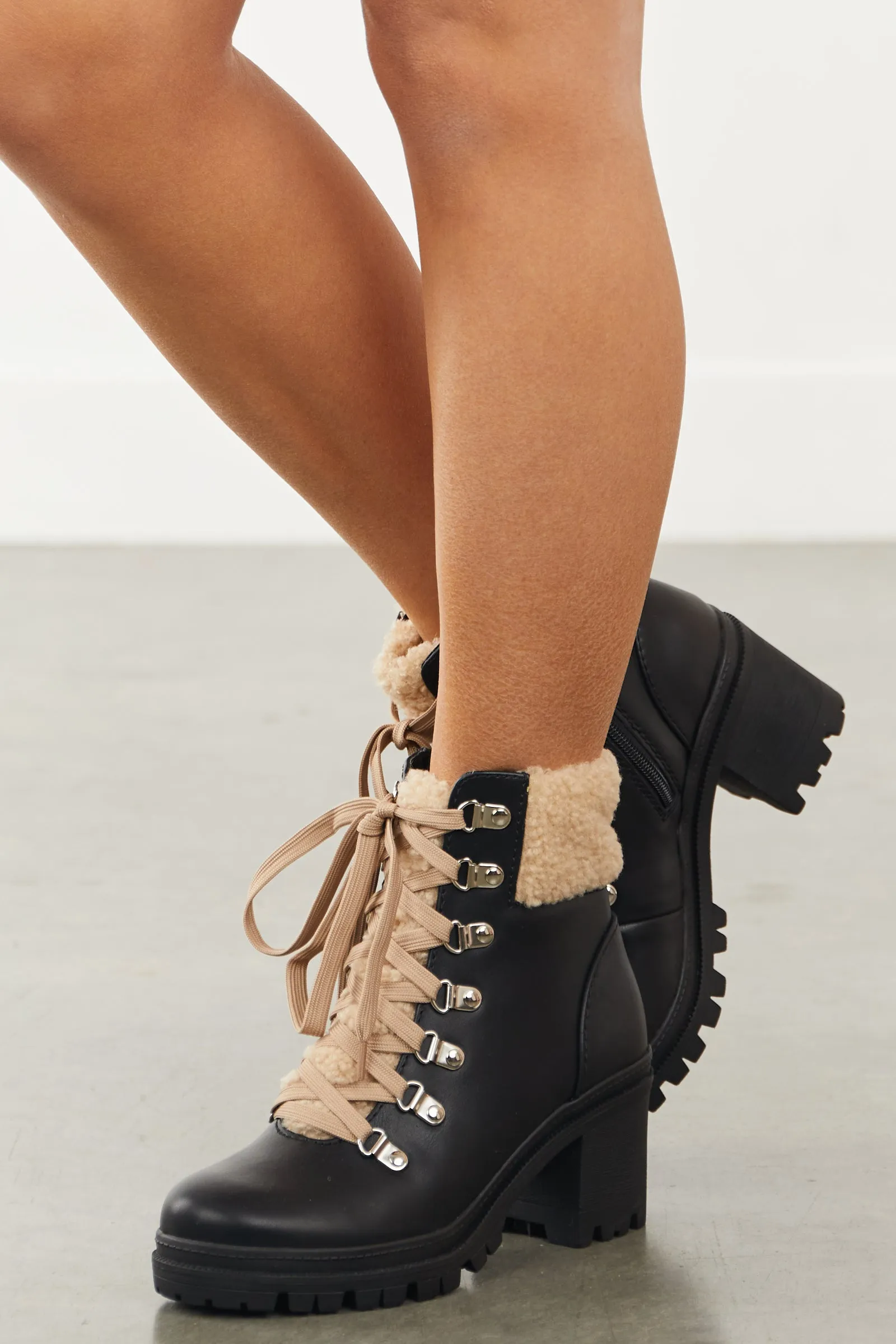 Black Lace Up Lug Boots with Faux Fur Detail