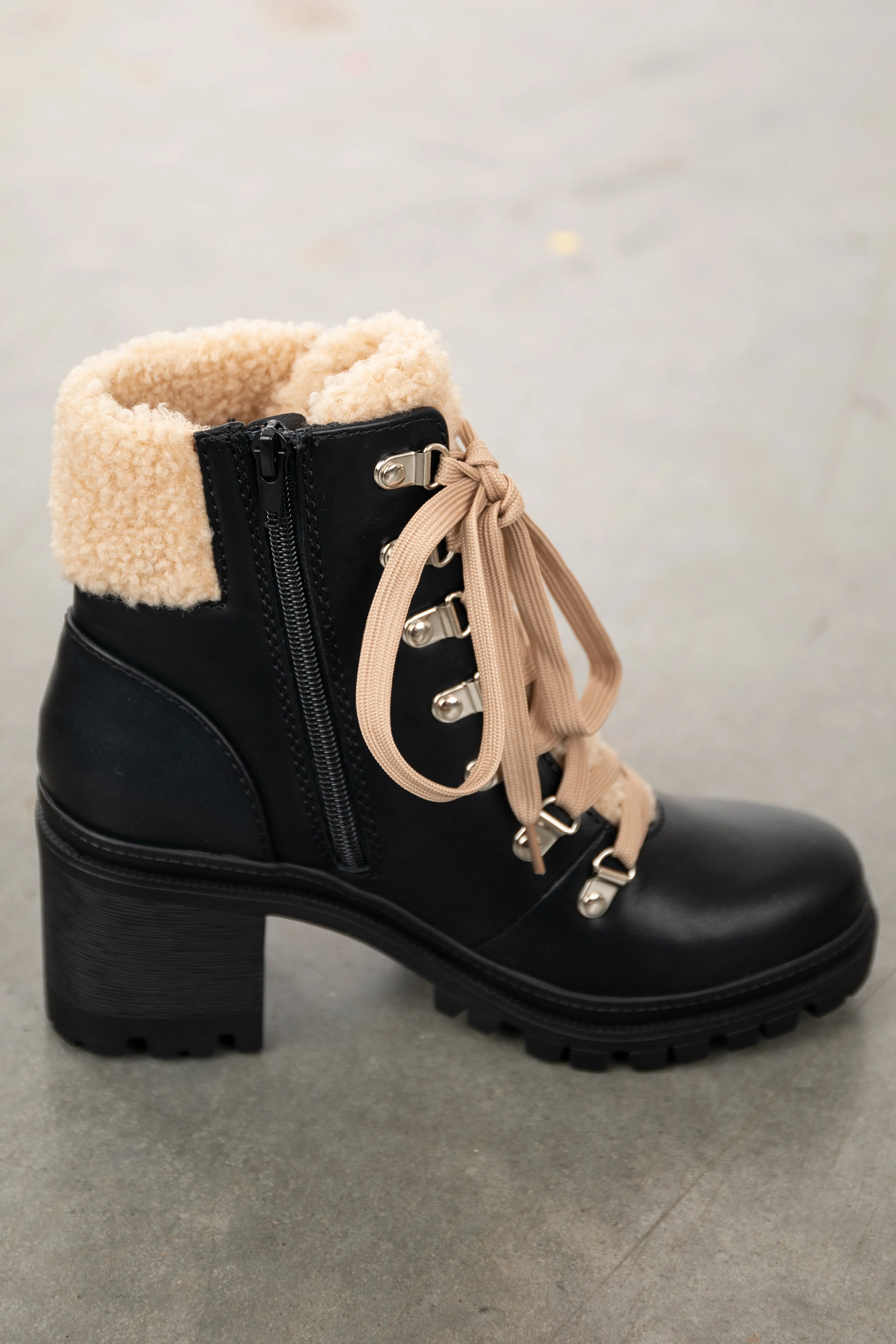 Black Lace Up Lug Boots with Faux Fur Detail