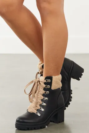 Black Lace Up Lug Boots with Faux Fur Detail