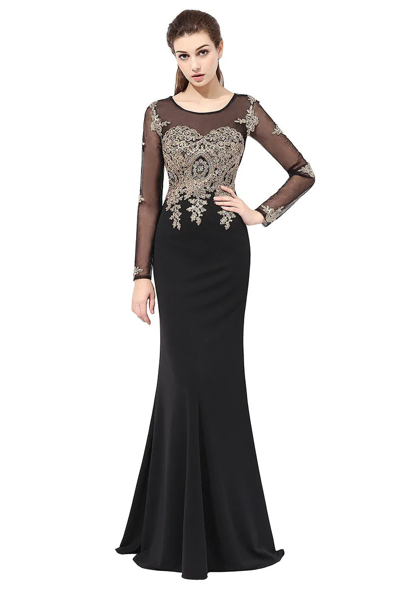 Black Long Sleeves Modest Floor Length Evening Prom Dress With Lace Appliques