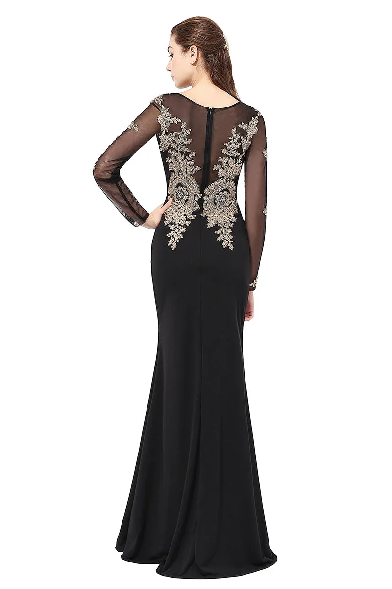 Black Long Sleeves Modest Floor Length Evening Prom Dress With Lace Appliques