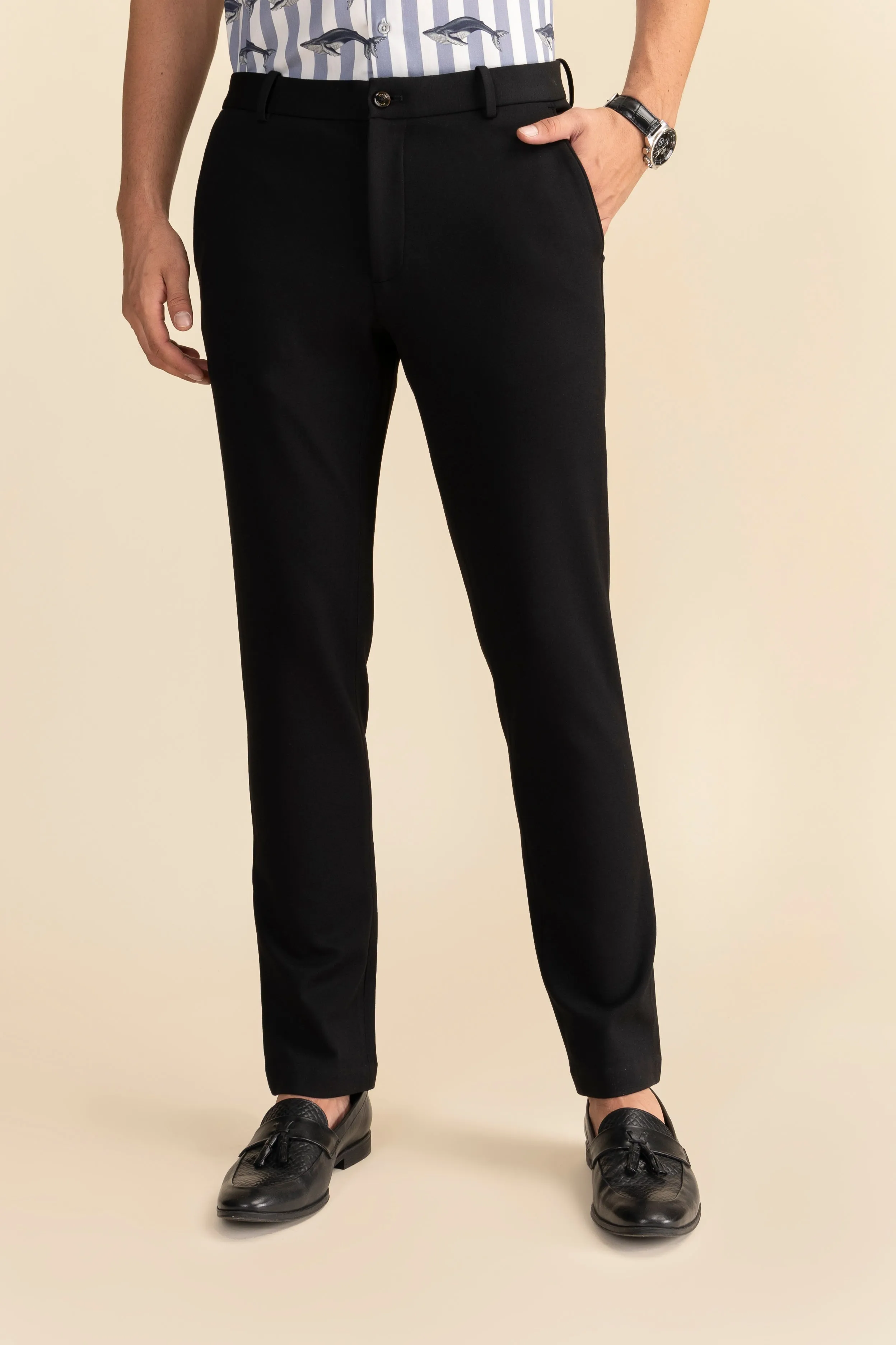 Black Lycra 4 Way Stretch Knit Trousers