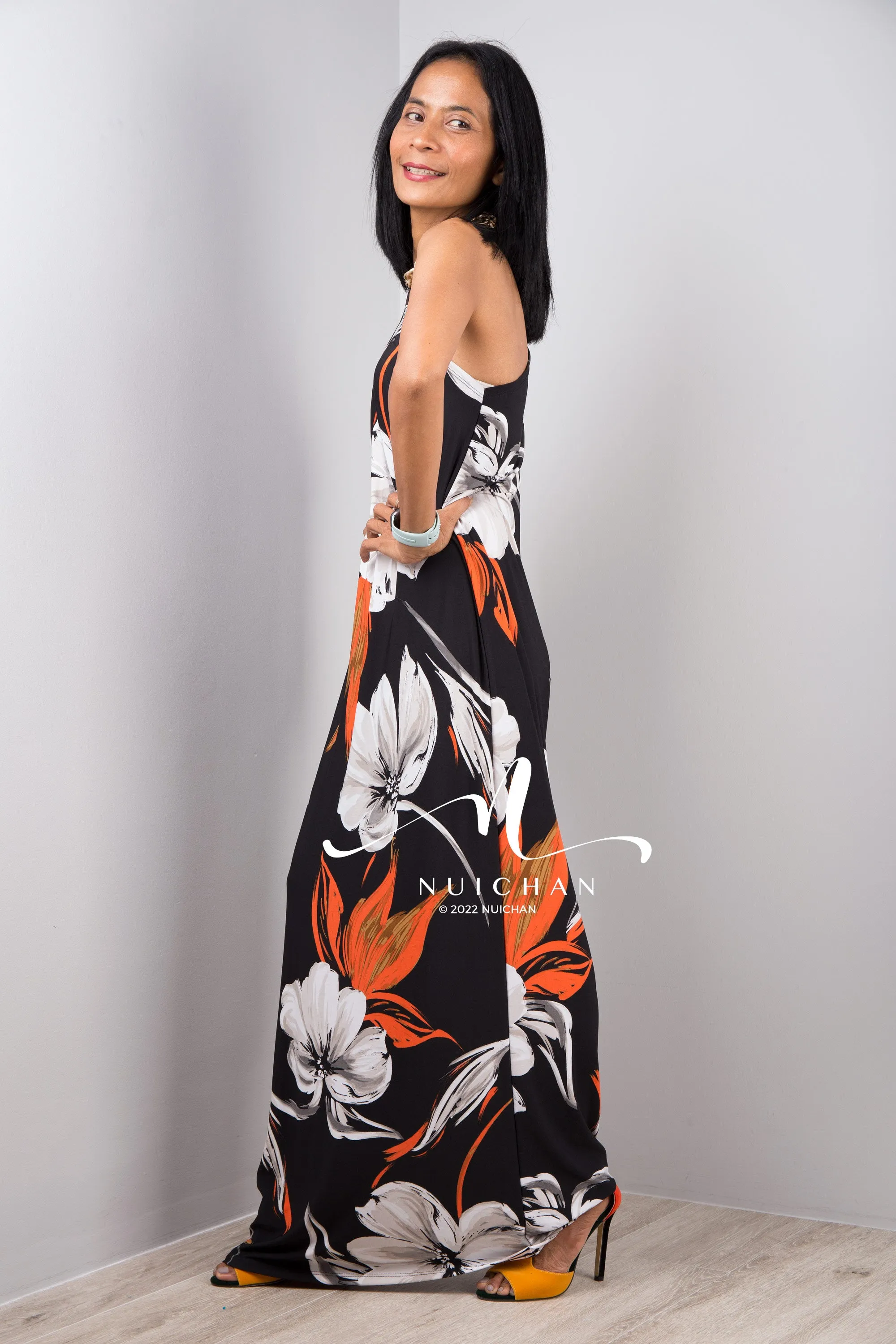 Black One shoulder dress with flower print