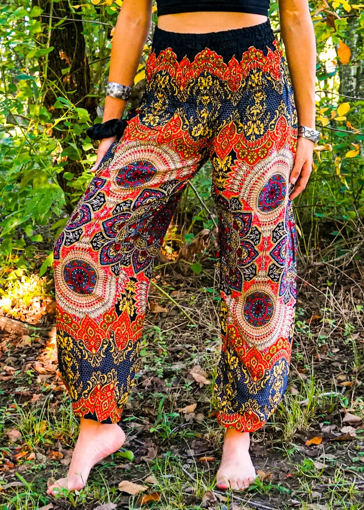 Black Orange Lotus Floral Harem Pants