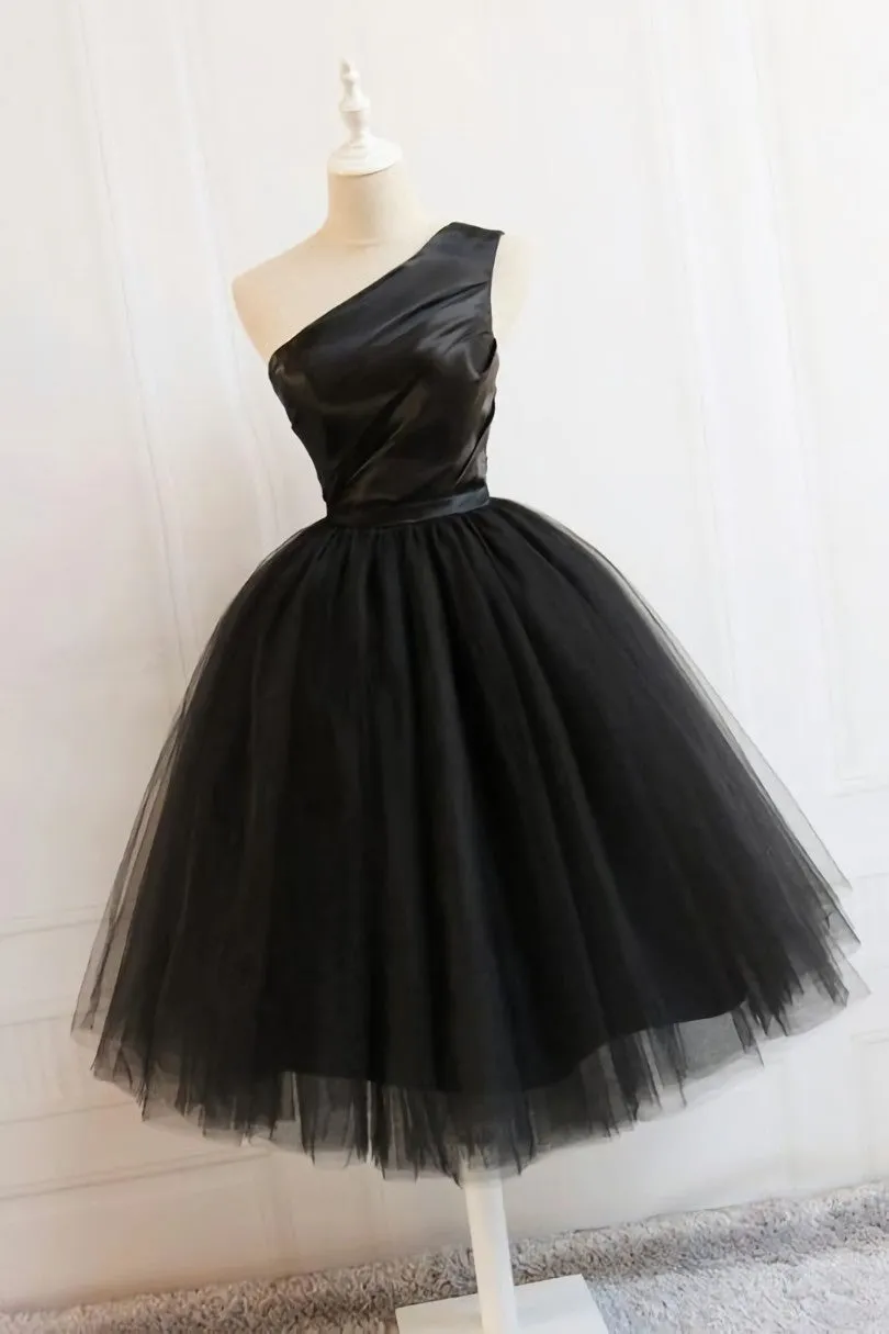 Black Tulle One Shoulder Elegant Tea Length Party Dress, Black Formal Dress