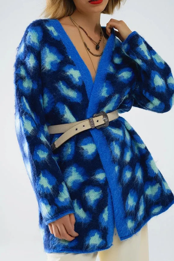 Blue Leopard Print Cardigan with Wool