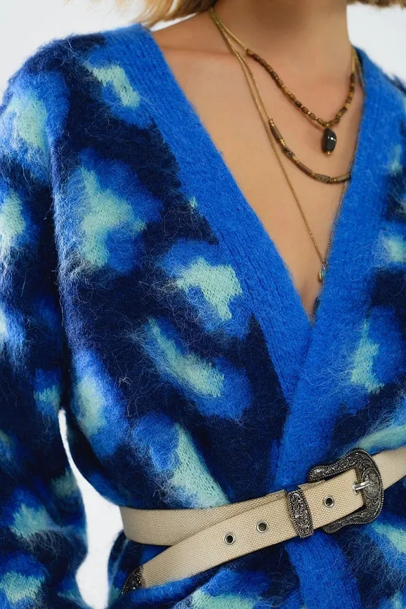 Blue Leopard Print Cardigan with Wool