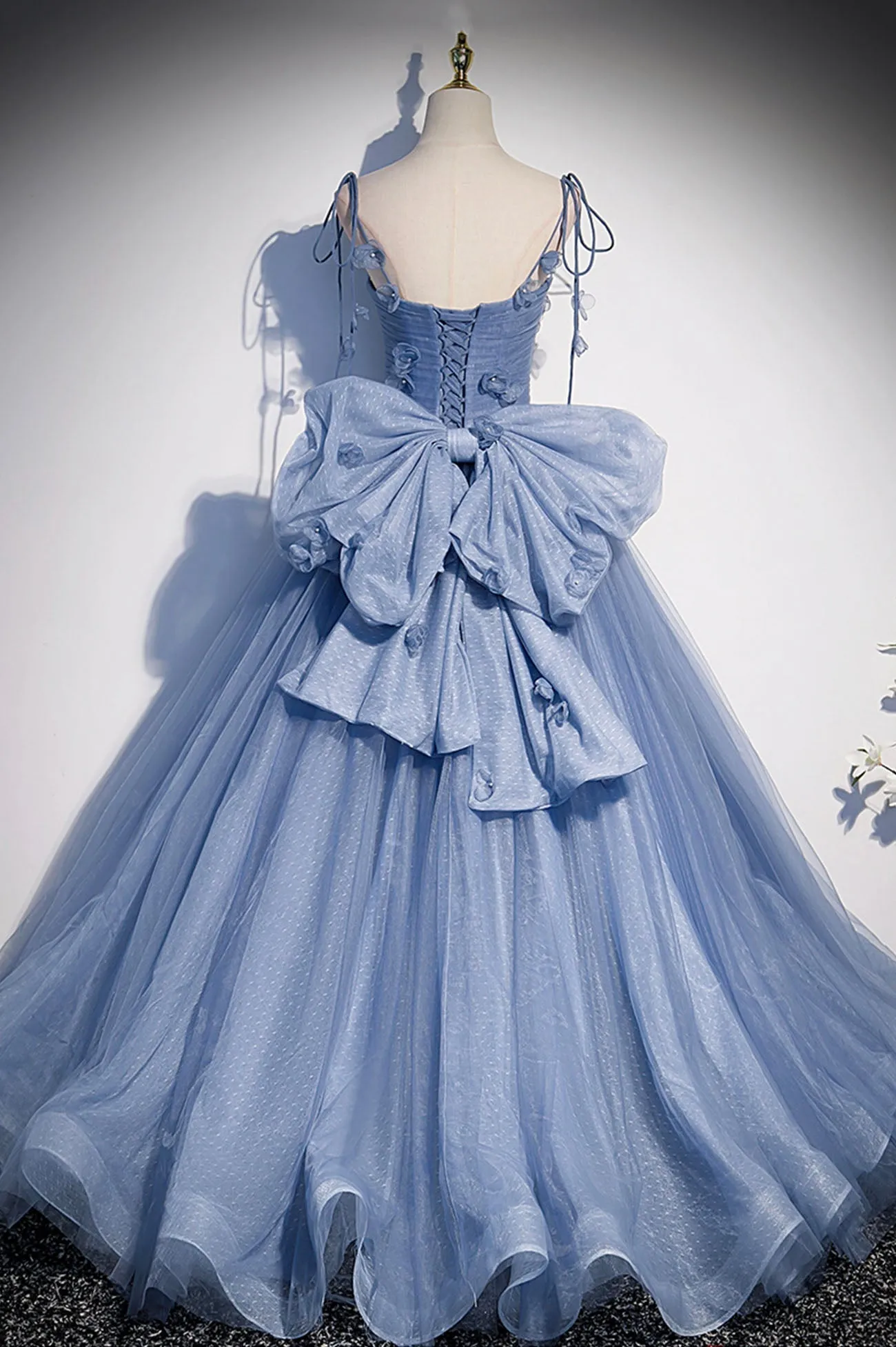 Blue Spaghetti Strap Tulle Long Dress, Blue Evening Dress with Bow