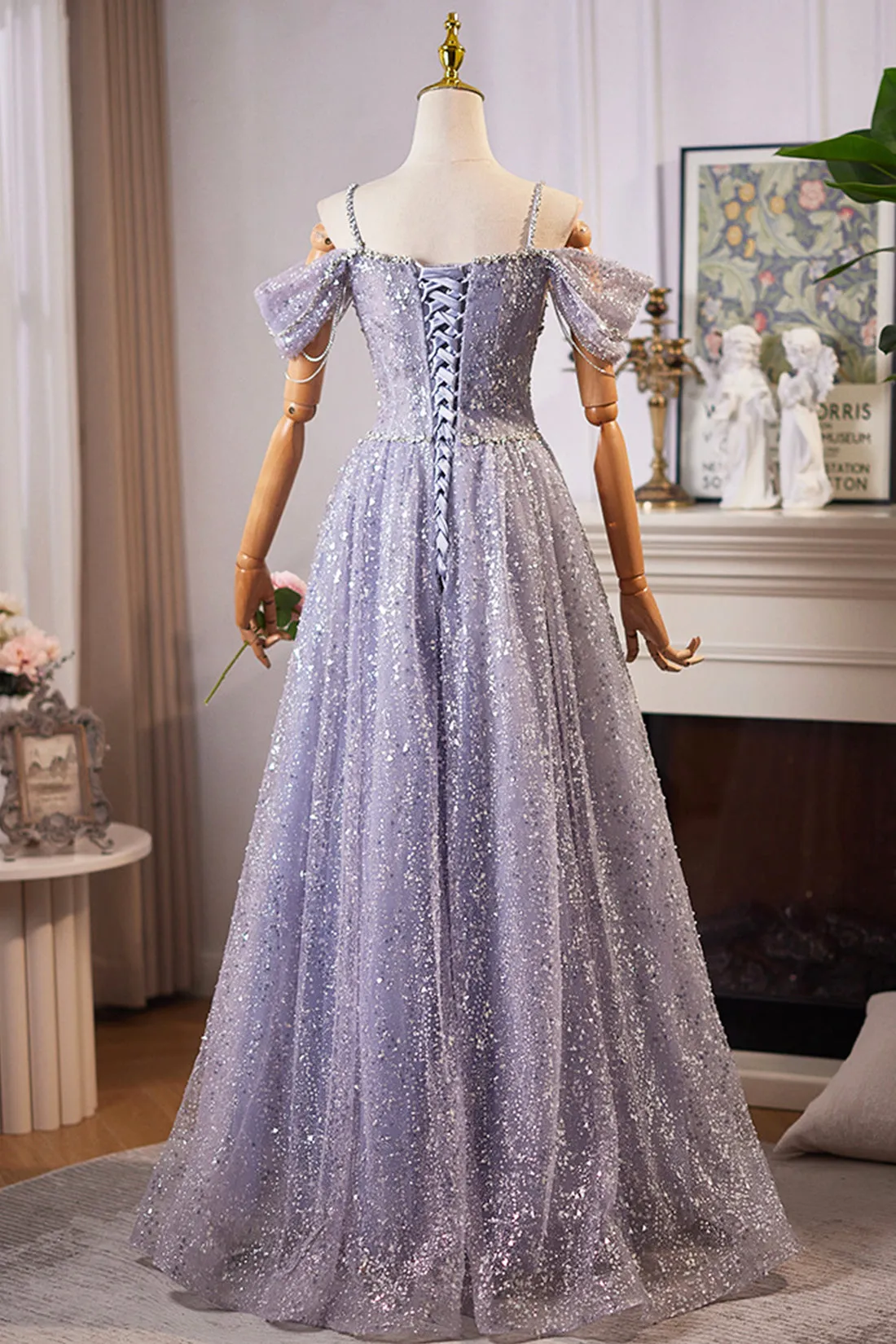 Blue Tulle Sequins Long Prom Dress, Shiny A-Line Evening Party Dress