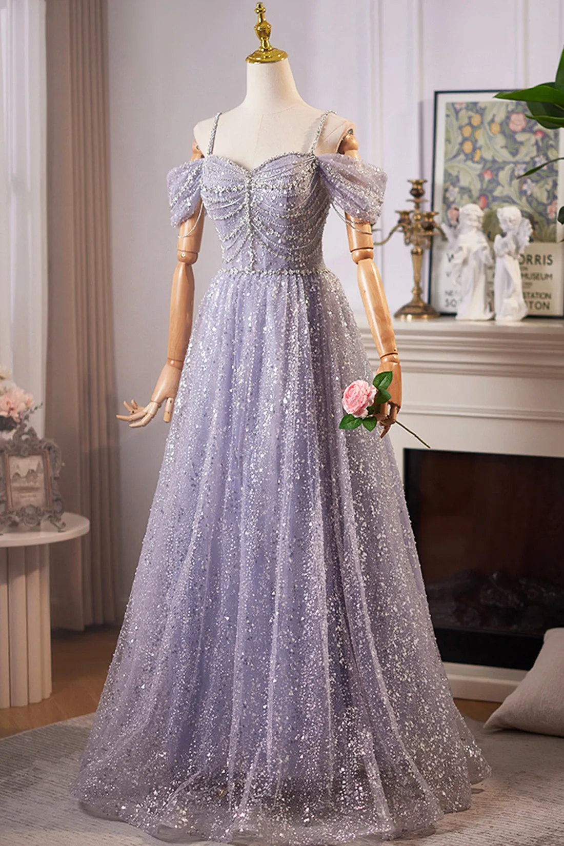 Blue Tulle Sequins Long Prom Dress, Shiny A-Line Evening Party Dress