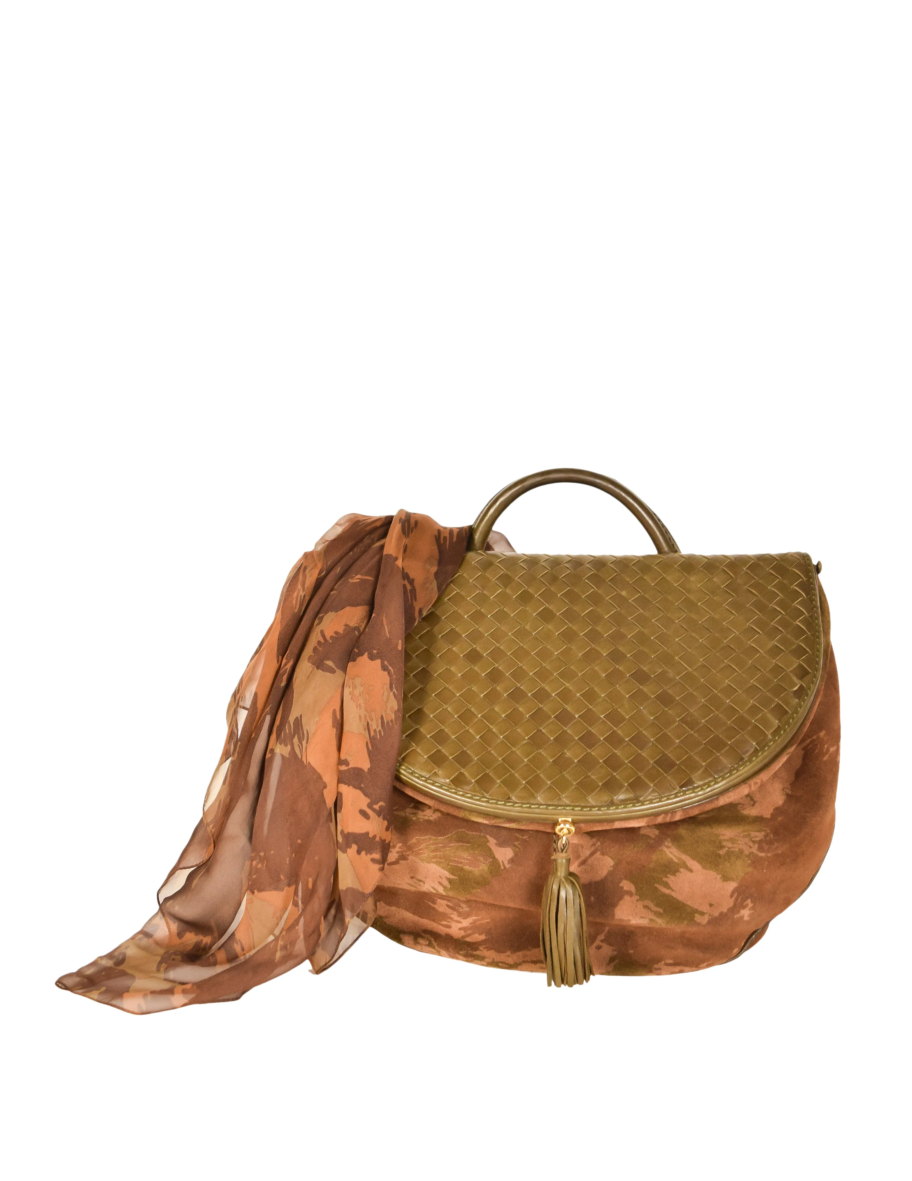 Bottega Veneta Vintage Green and Brown Intrecciato Woven Leather and Camouflage Suede Shoulder Bag with Matching Silk Scarf