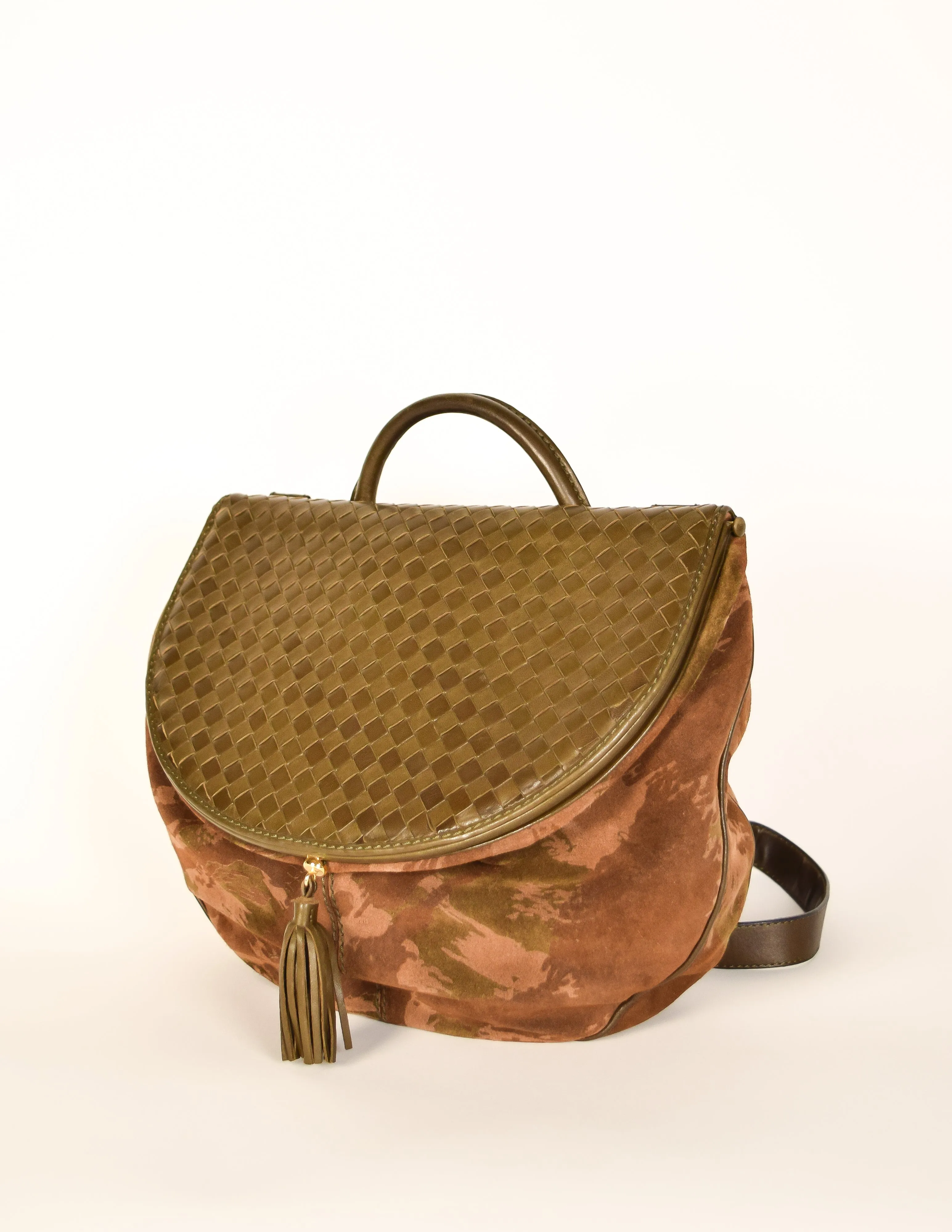 Bottega Veneta Vintage Green and Brown Intrecciato Woven Leather and Camouflage Suede Shoulder Bag with Matching Silk Scarf