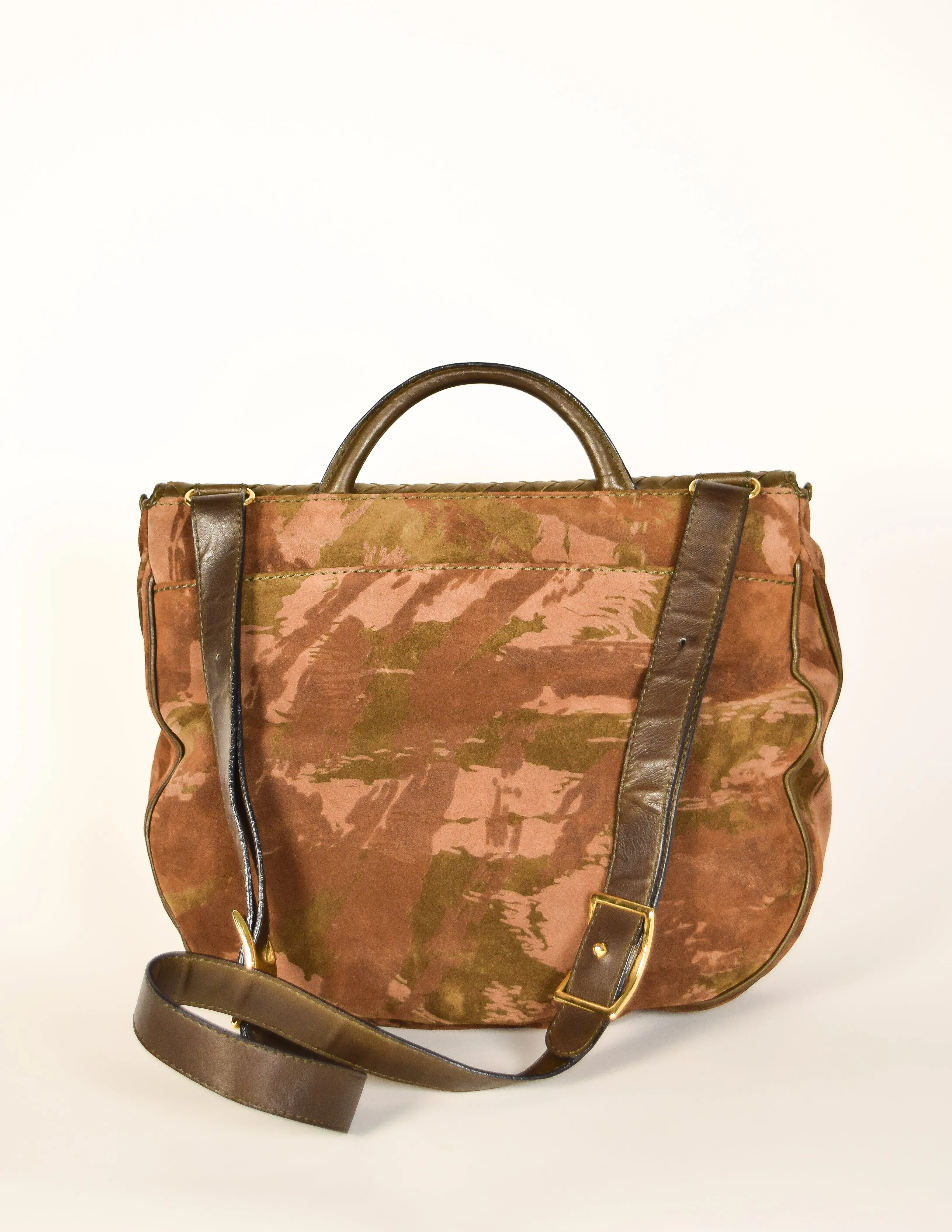 Bottega Veneta Vintage Green and Brown Intrecciato Woven Leather and Camouflage Suede Shoulder Bag with Matching Silk Scarf