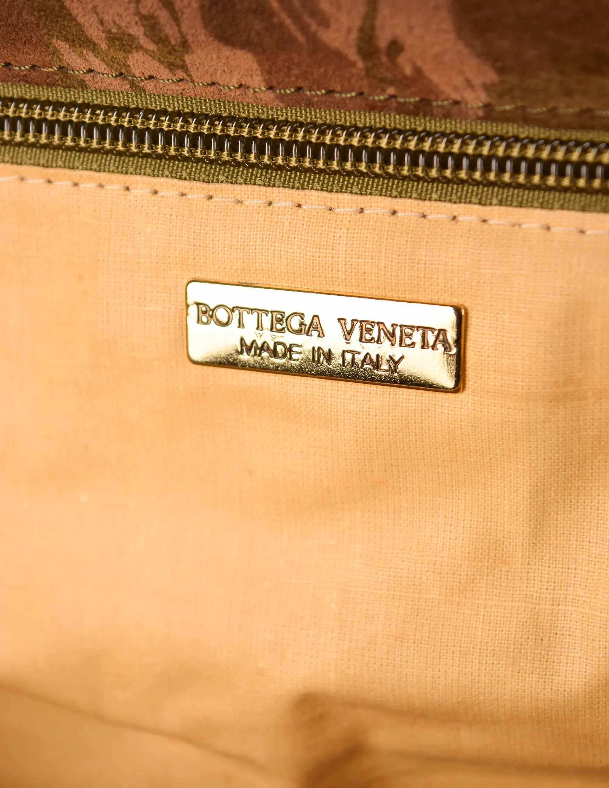 Bottega Veneta Vintage Green and Brown Intrecciato Woven Leather and Camouflage Suede Shoulder Bag with Matching Silk Scarf