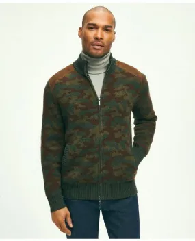 Brooks Brothers Men's Merino Wool Stand Collar Camouflage Zip Cardigan Sweater Green