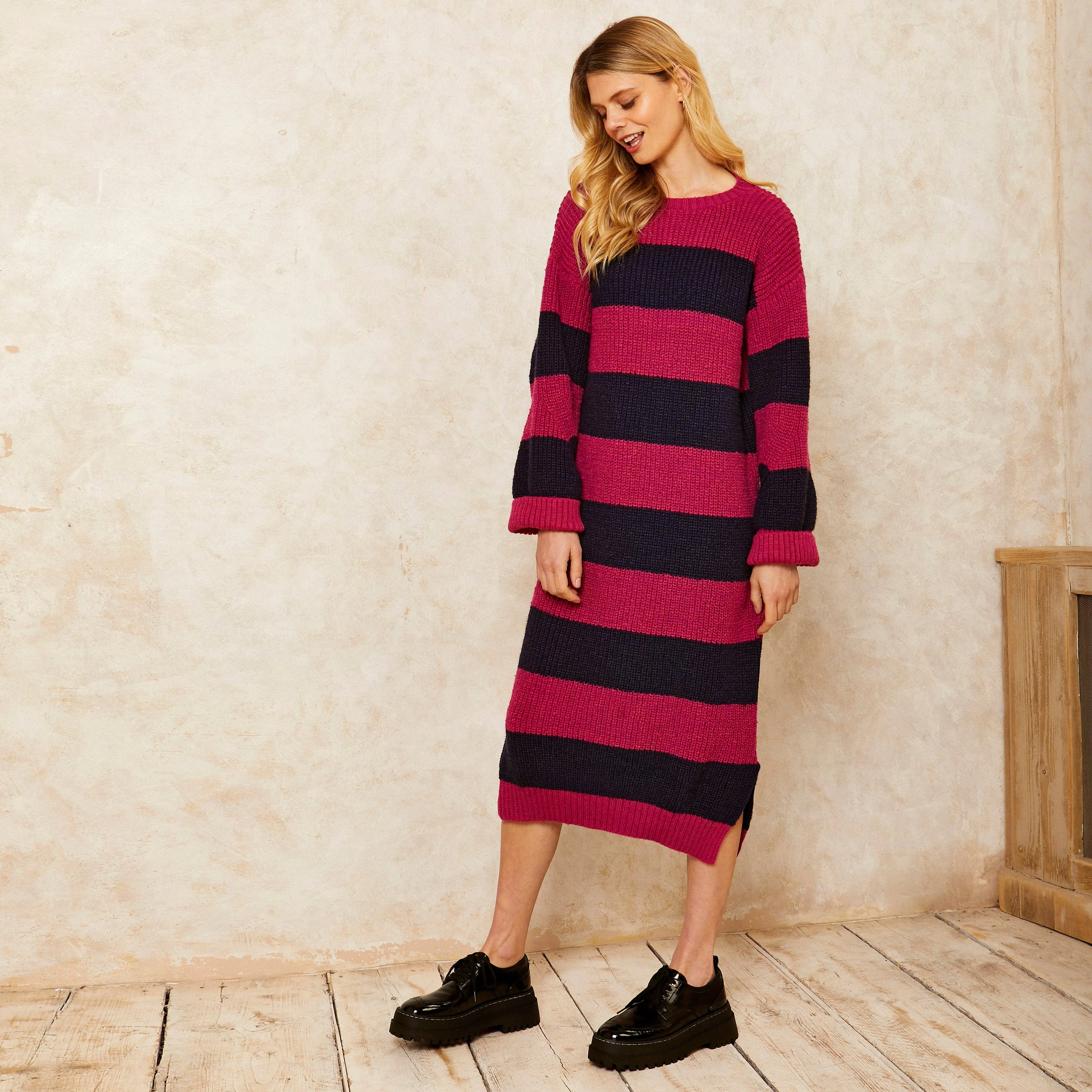 Cara & The Sky - Antonia Chunky Stripe Midi Dress - Navy | Knitted Dress