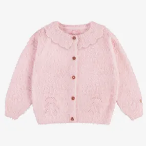 Cardigan en tricot rose pâle avec col rond à volant, enfant || Light pink knitted cardigan with ruffled collar, child