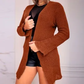 Cardigan Tricot Feminino Longo Meia Estação Fino U / LARANJA