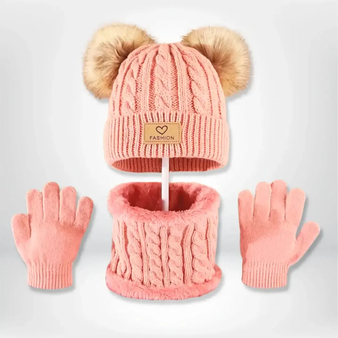 Charming Pom-Pom Knit Set – Cozy Hat, Scarf & Gloves Trio