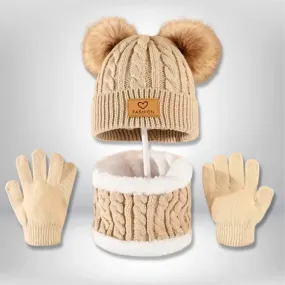 Charming Pom-Pom Knit Set – Cozy Hat, Scarf & Gloves Trio