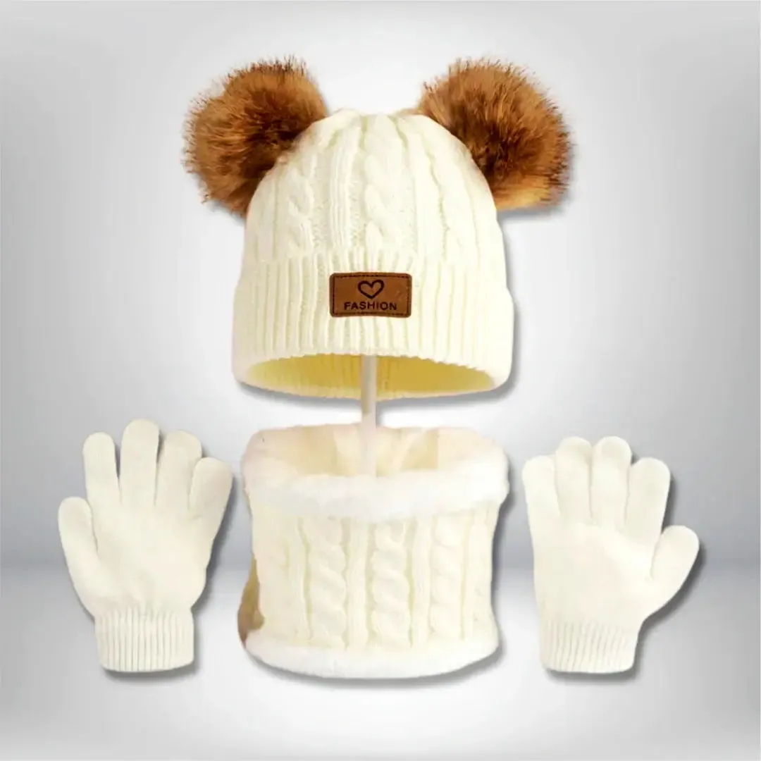 Charming Pom-Pom Knit Set – Cozy Hat, Scarf & Gloves Trio