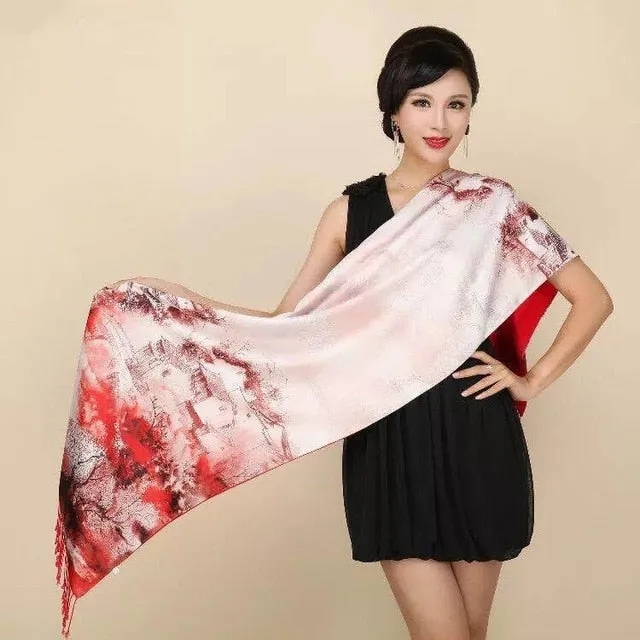 Chinese Style Flower Autumn Shawl Silk Cashmere Muffler Traditional  Fashion