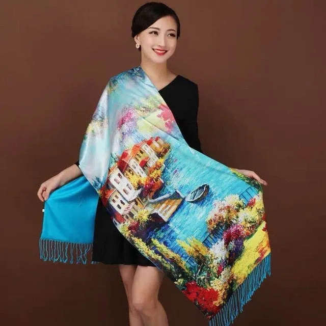 Chinese Style Flower Autumn Shawl Silk Cashmere Muffler Traditional  Fashion