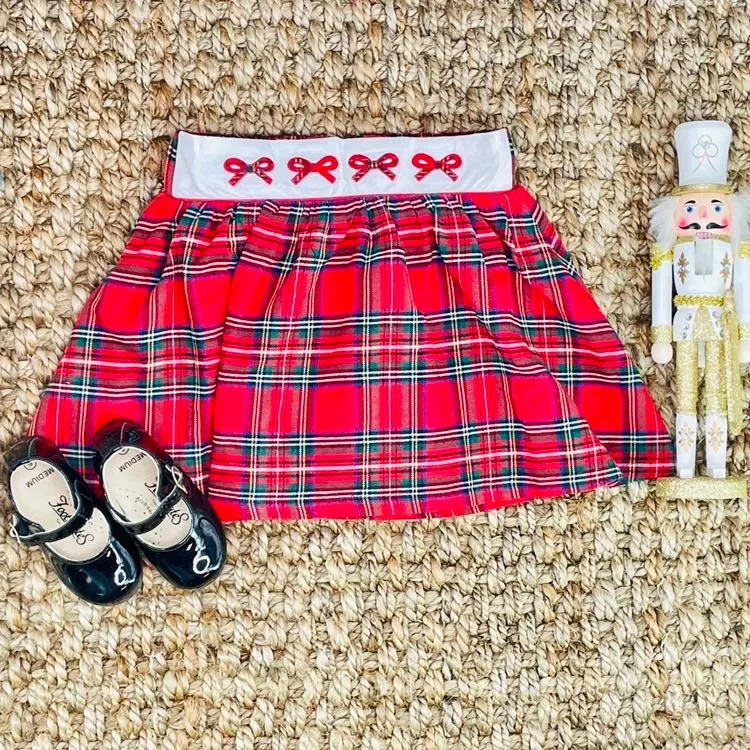 Christmas Plaid Girls Skirt with Embroidered Bows