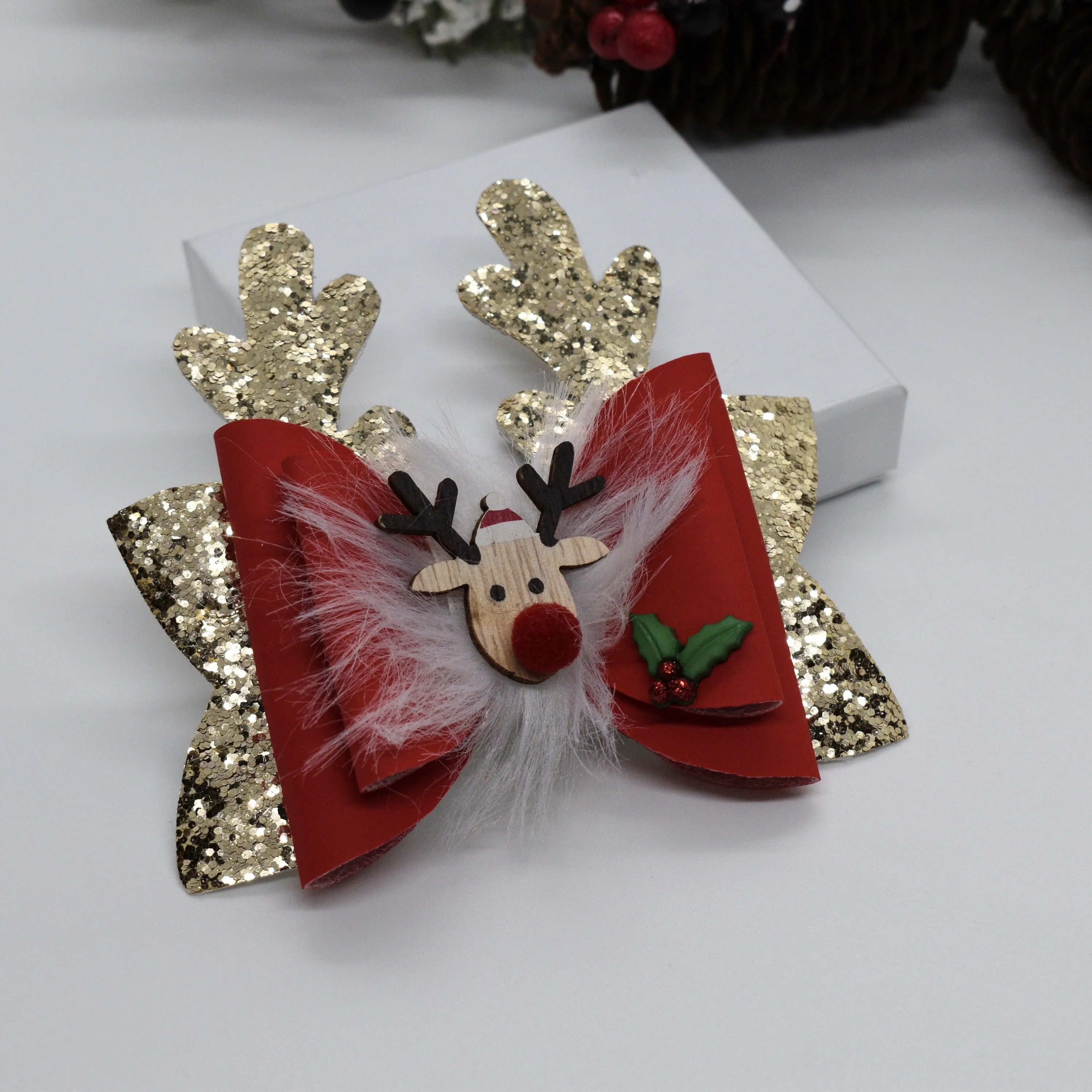 Christmas Reindeer Antler Bow ,Glitter Christmas Hair bow for Girl