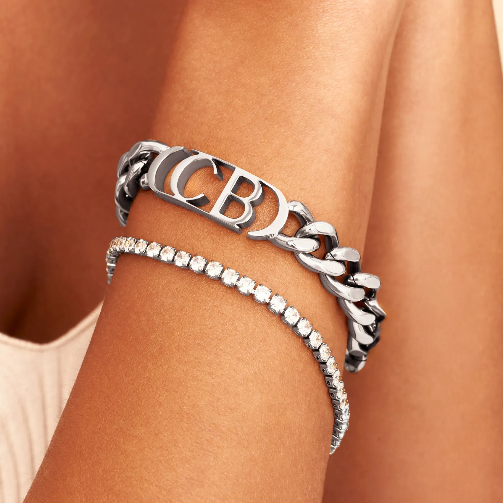 Chunky Initial Curb Bracelet (Silver)